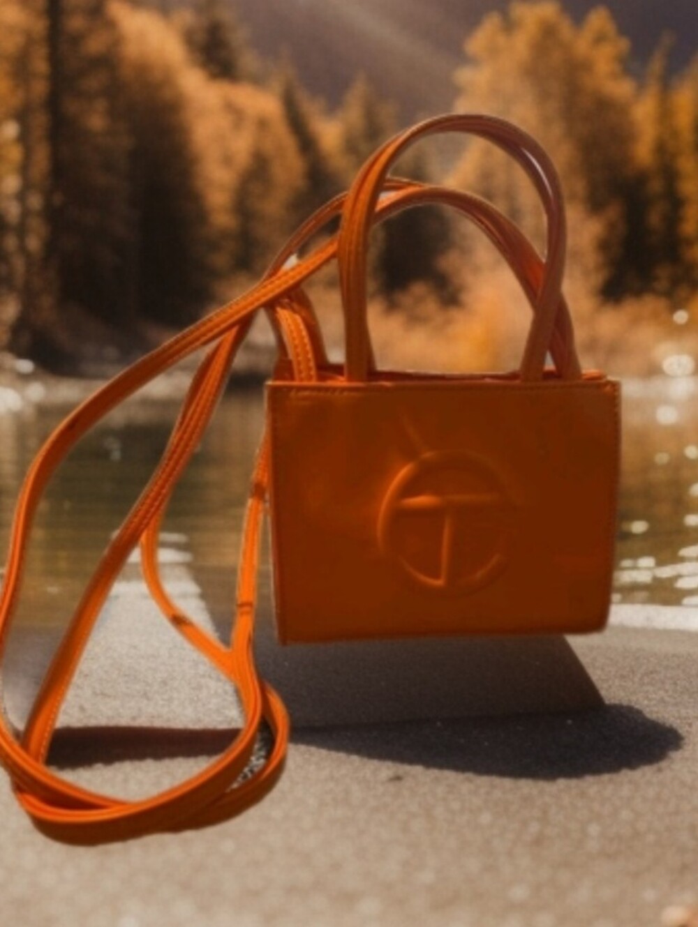 Telfar Small Vegan Leather  Double Handle Orange Crossbody Shopping Bag.